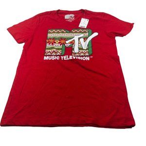 MTV Women's Size Medium Tee Shirt Holiday Graphic Short Sleeve Red New With Tags